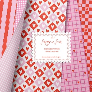 Pode incluir: Uma coleção de padrões sem costura em rosa e vermelho. Os designs incluem listras onduladas, xadrez, corações em diamantes, uma grade com corações e um tabuleiro de xadrez com flores. O texto "Pretty in Pink" é visível.