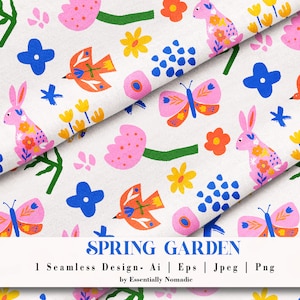 Pode incluir: Tecido branco com um padrão colorido de jardim primaveril. O design inclui borboletas, coelhos e flores cor-de-rosa, flores azuis em forma de cruz e pássaros laranja. O texto "SPRING GARDEN" está na parte inferior.
