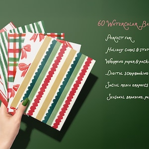 May include: A hand holds a stack of patterned paper with red, green, and gold designs. The text reads "60 Watercolor Backgrounds" and lists uses for the backgrounds, including holiday cards and digital scrapbooking.