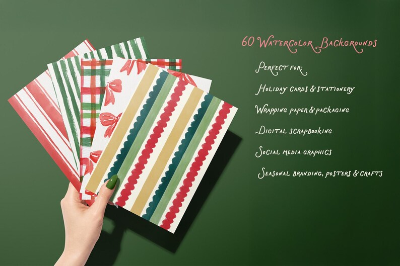 May include: A hand holds a stack of patterned paper with red, green, and gold designs. The text reads "60 Watercolor Backgrounds" and lists uses for the backgrounds, including holiday cards and digital scrapbooking.
