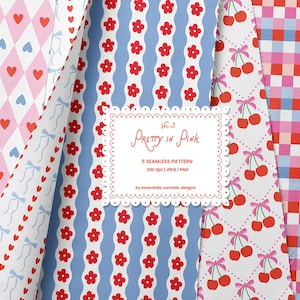 Könnte beinhalten: Eine Sammlung von fünf nahtlosen Mustern in Rosa, Rot und Blau. Designs umfassen Herzen, Schleifen, Kirschen, Blumen und ein Vichy-Muster. Der Text "Pretty in Pink" wird in einem weißen, geschwungenen Rahmen angezeigt.