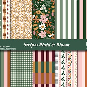Könnte beinhalten: Eine Sammlung von zehn digitalen Papieren mit floralen, karierten und gestreiften Mustern. Die Designs umfassen weiße Blumen auf goldenem Hintergrund, grün-weiße Streifen und einen dunkelgrünen Hintergrund mit rosa Blumen. Der Text lautet "Stripes Plaid & Bloom".
