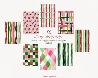 Watercolor Christmas Patterns | Stripes, Checks & Bows, Festive Holiday Backgrounds for Cards, Crafts, Wrapping Paper, Hand-Painted JPEGs