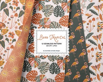 Tropical Digital Paper Bundle, Boho Summer Seamless Patterns, Flamingo Mushroom Botanical Set, Retro Jungle Fabric Wallpaper Design