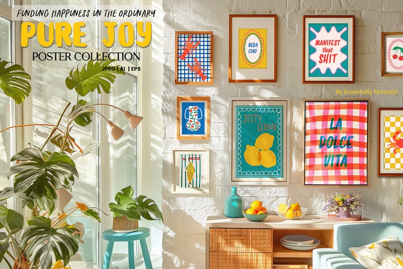 La Dolce Vita, Colorful and Vibrant Summer Poster Collection. Food Art, Fish Art, Flowers and Fruits in Risograph effect Printable art. Editable Digital Download files