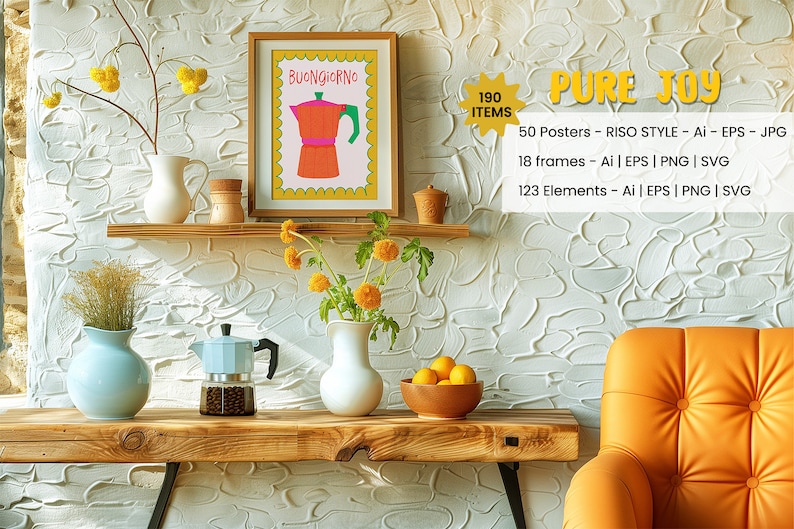 K&ouml;nnte beinhalten: Eine gerahmte Illustration einer roten und gelben Kaffeekanne mit dem Text "BUONGIORNO" in einem gelben Kreis. Die Illustration ist auf wei&szlig;em Hintergrund mit gelbem Rand. Der Rahmen ist golden und die Illustration befindet sich auf einem Regal mit einer Vase mit gelben Blumen und einem wei&szlig;en Krug.
