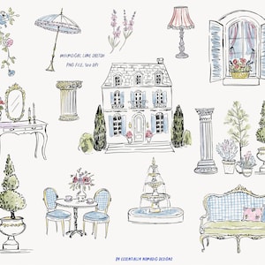 May include: Watercolor illustration of various French-inspired elements, including a house, table, chairs, fountain, and decorative objects. The image includes the text "Whimsical Line Sketch" and "PNG File. 300 DPI".
