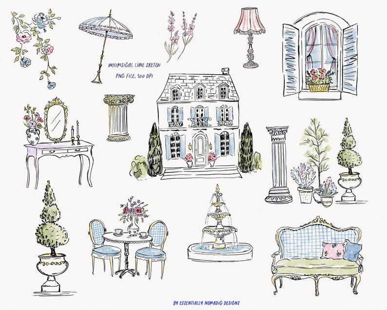 May include: Watercolor illustration of various French-inspired elements, including a house, table, chairs, fountain, and decorative objects. The image includes the text "Whimsical Line Sketch" and "PNG File. 300 DPI".
