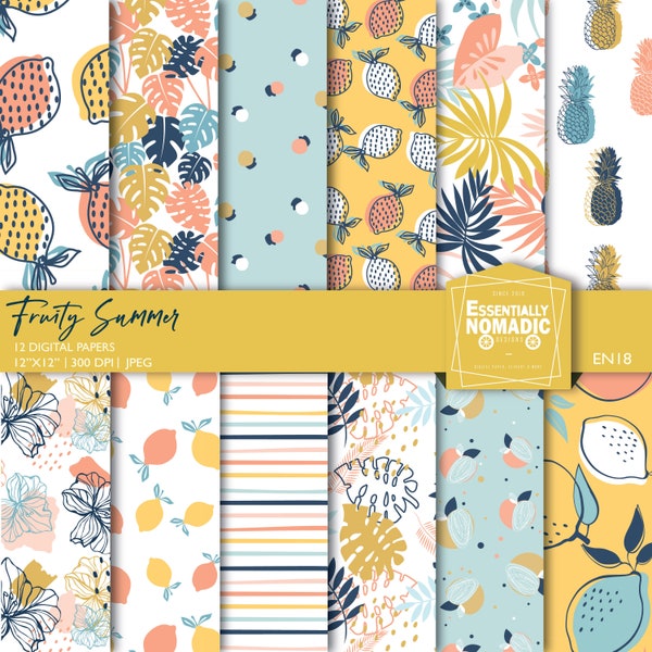 Fruity Summer Digital Paper Pack,Monstera Print Seamless Pattern,Bright Fruit Lemon Pineapple Tropical Print Digital Download