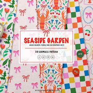 Zomerbloemen digitaal papier, Sea Life Fish Crustacean, Lobster Crab Naadloos patroon, Dolce Vita-esthetiek, patroon voor stof en behang