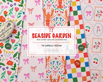 20 Coastal Seamless Pattern Bundle, Dopamine Whimsical Floral Digital Paper, Lobster Cherry Bow, Fabric Design & Scrapbooking, SVG, JPEG