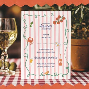 May include: A bridal brunch invitation with a pink and white striped background. The invitation features illustrations of food and drinks, including a crab, olives, and a glass of wine. The text reads "Jessica's Bridal Brunch". A glass of wine and olives are in the foreground.