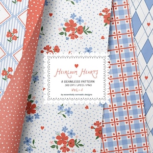 May include: A collection of eight seamless patterns in various designs. The patterns include floral, polka dot, and geometric motifs in red, blue, and white. The image includes the text "Heirloom Hearts" and "8 Seamless Pattern".
