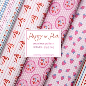 May include: A collection of pink seamless patterns with various designs, including bows, strawberries, and stripes. The patterns are in shades of pink, red, and blue. The text "PRETTY IN PINK" is visible.