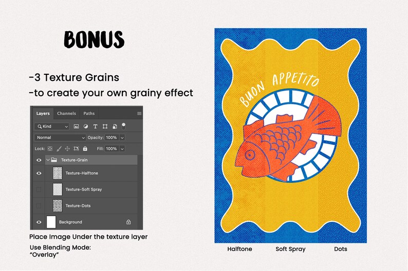 K&ouml;nnte beinhalten: Ein Grafikdesign-Tutorial, das zeigt, wie man mit drei verschiedenen Texturen einen k&ouml;rnigen Effekt erzeugt: Halbton, weiches Spr&uuml;hen und Punkte. Das Tutorial zeigt ein geschichtetes Bild eines Fisches mit dem Text "Buon Appetito" in einem Kreis.