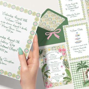 May include: A collection of wedding stationery with a tropical theme. The invitation suite includes a welcome party invitation, save the date card, and menu card. The design features floral and geometric patterns in green, pink, and yellow.