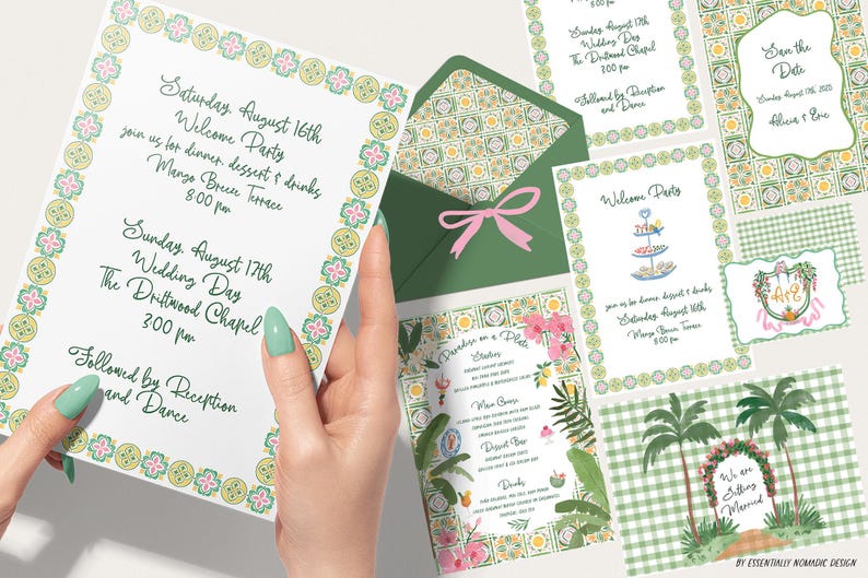 May include: A collection of wedding stationery with a tropical theme. The invitation suite includes a welcome party invitation, save the date card, and menu card. The design features floral and geometric patterns in green, pink, and yellow.
