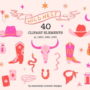 Ensemble de cliparts cow-girl, rose rouge Wild West Clipart PNG, clipart Western Png, svg mignon Far West, usage Commercial, bottes de rodéo roses svg, svg tête de mort