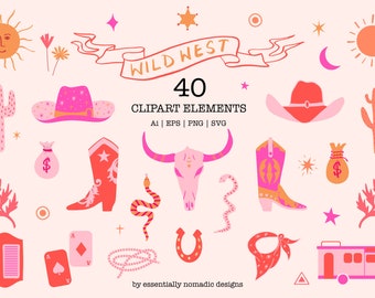 May include: A set of 40 Wild West themed clipart elements in pink, orange, and red. The elements include a cowboy hat, boots, a cactus, a snake, a horseshoe, a bandana, a money bag, a star, a sun, a moon, a wagon, a playing card, and a skull. The text "WILD WEST" is featured on a banner.