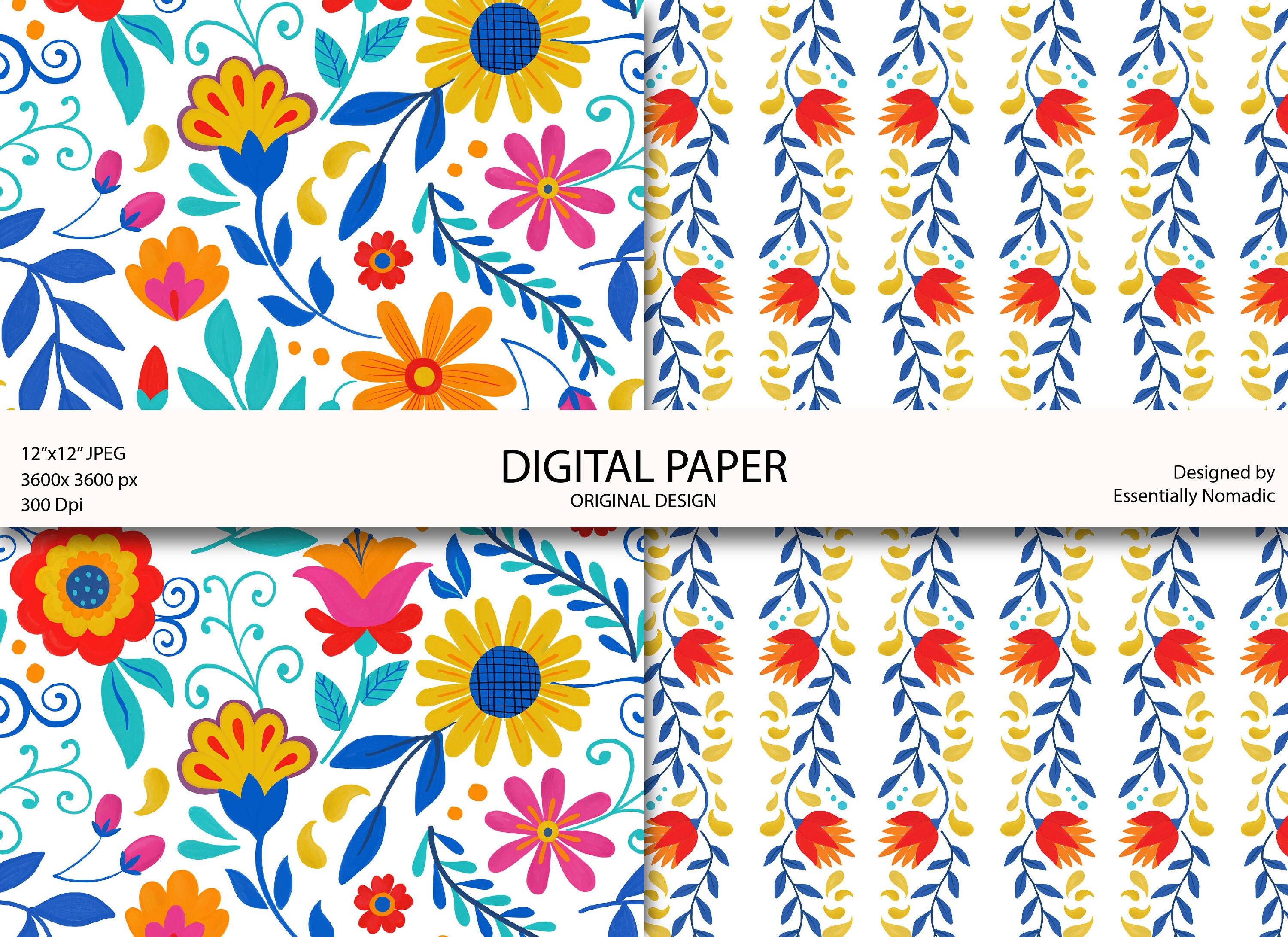 Fiesta Folk Floral Seamless Pattern Set, Colorful Mexican Digital Paper ...
