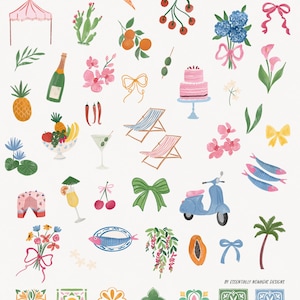 May include: Watercolor illustration with tropical and vacation-themed elements. Includes flowers, fruit, a scooter, cake, and beach chairs. Text reads "DESIGN YOUR OWN TROPICAL ESCAPE" and "BY ESSENTIALLY NOMADIC DESIGNS".