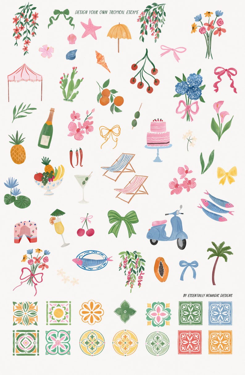 May include: Watercolor illustration with tropical and vacation-themed elements. Includes flowers, fruit, a scooter, cake, and beach chairs. Text reads "DESIGN YOUR OWN TROPICAL ESCAPE" and "BY ESSENTIALLY NOMADIC DESIGNS".