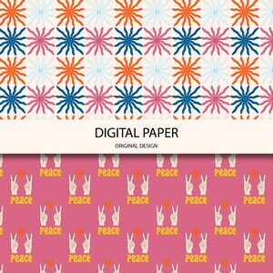 Groovy Digital Paper Set, 70s Seamless Patterns, Red Pink Blue Floral ...