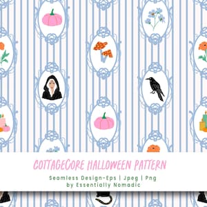 Modèle sans couture Halloween, papier numérique Cottagecore rayures bleues, corbeau sorcière citrouille cadre ovale automne papier cadeau style grand-millénaire