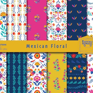 Pacote de papel digital mexicano, padrão floral folclórico sem costura, padrão de festa, arte popular, papel de scrapbook de flores otomi, padrão floral brilhante,