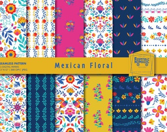 Mexican Digital Paper Pack, Folk floral Seamless Pattern, Fiesta pattern folk Art, Otomi flowers Scrapbook Paper, Bright Floral pattern,