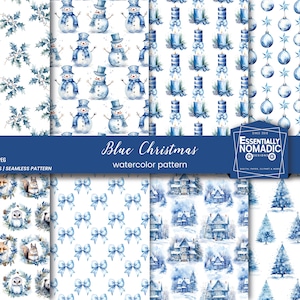 8 Blaue Weihnachten Digital Papier, Aquarell Weihnachten Musterdesign Stoff, Weihnachten Winter Waldtiere Baum Schneemann Muster, Geschenkverpackung