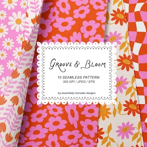Pink Red Groovy Floral Digital Paper, Retro Seamless Patterns for Fabric, Funky Boho Flower Valentine Backgrounds