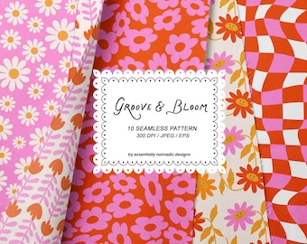 Pink Red Groovy Floral Digital Paper, Retro Seamless Patterns for Fabric, Funky Boho Flower Valentine Backgrounds