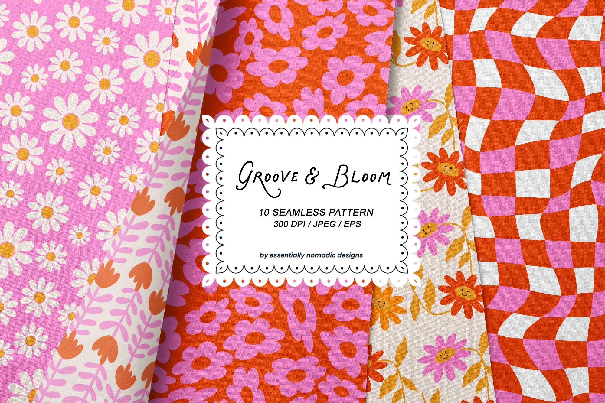 Pink Red Groovy Floral Digital Paper, Retro Seamless Patterns for ...