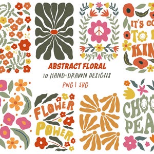 Paquete floral retro bohemio SVG y PNG: SVG de flores danesas, mercado de flores, svg floral abstracto para artesanos, sublimación de gráficos con citas positivas