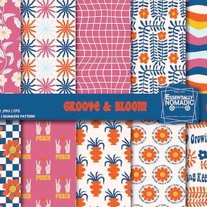 Groovy Digital Paper Set, 70s Seamless Patterns, Red Pink Blue Floral Pattern, Retro Background, Matisse Flowers Scrapbooking Commercial Use