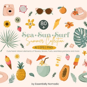 Simpatico pacchetto di clipart estivo, elementi tropicali vacanza spiaggia clipart png file vettoriale, adesivi digitali kit gelato infradito grafica estiva