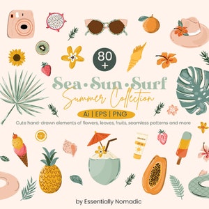 Cute Summer clipart bundle,Tropical elements vacation beach clipart png vector file,Digital  stickers kit ice cream flipflop summer graphics