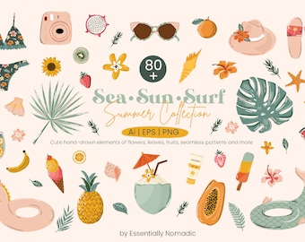 Summer Clipart Bundle, Hand Drawn Tropical Beach Graphics, Sea Sun Shell Illustrations, Vacation PNG EPS for Stickers, Card Prints
