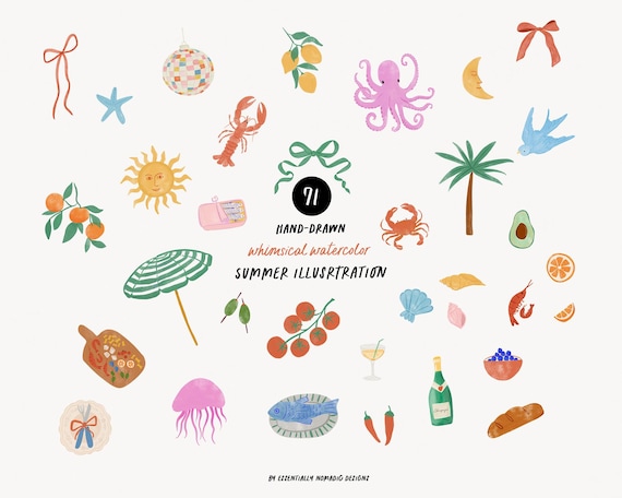 Whimsical Hand-Drawn Summer Clipart, Quirky watercolor Illustrations, Wedding Invitation, Menu Card-Coquette Doodles Mediterranean icons PNG
