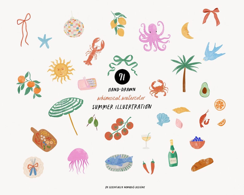 May include: A whimsical watercolor illustration featuring summer-themed elements. The image includes a sun, octopus, lobster, palm tree, and various food items like fruit, seafood, and bread. Text reads "Hand-drawn whimsical watercolor summer illustration."