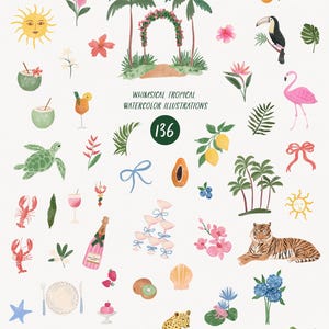 May include: Watercolor illustrations featuring tropical elements. Includes parrots, flamingos, palm trees, a tiger, a leopard, and various food and drink items. The text "Whimsical Tropical Watercolor Illustrations" is displayed.