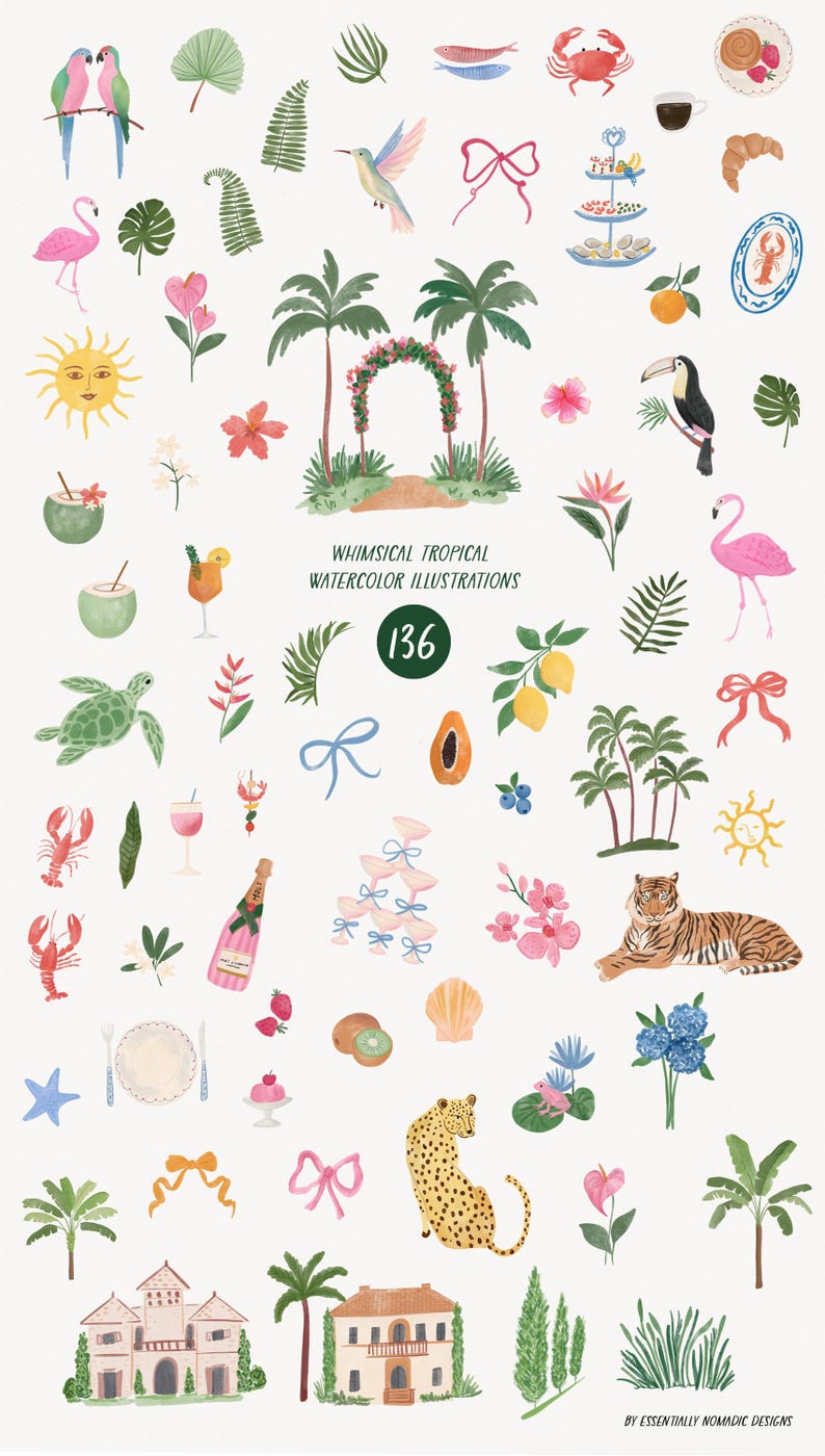 May include: Watercolor illustrations featuring tropical elements. Includes parrots, flamingos, palm trees, a tiger, a leopard, and various food and drink items. The text "Whimsical Tropical Watercolor Illustrations" is displayed.