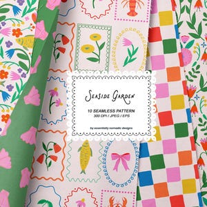 Könnte beinhalten: Eine Sammlung von zehn nahtlosen Mustern mit dem Thema "Seaside Garden". Die Muster zeigen florale, Fisch- und geometrische Designs in einer Vielzahl von Farben, darunter Rosa, Grün, Gelb und Blau. Die Muster sind mit "Seaside Garden" beschriftet.