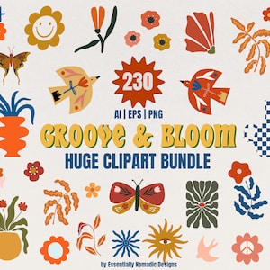 230 groovy clipartset, jaren 70 retro botanische illustraties, Matisse illustratie, bloemelementen voor posterkaart digitale sticker voor planners