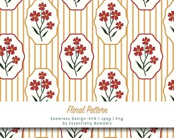 Cottagecore Floral Stripe Pattern, Cameo Frames Yellow Stripe Background, Printable Scrapbook Paper,  Repeatable Fabric