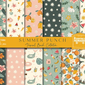 Summer Digital Paper Pack,Tropical Seamless Pattern,Floral citrus fruit summer background, beach digital paper download, Holiday Prints