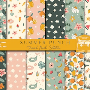 Sommer Digital Paper Pack, Tropisches nahtloses Muster, floraler Zitrusfrucht-Sommerhintergrund, Strand-Digitalpapier-Download, Feiertagsdrucke