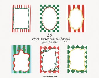 May include: A collection of six hand-drawn festive frames with various designs. The frames feature red, green, and gold accents, with striped, checkered, and bow-shaped backgrounds. The text "30 Hand-drawn Festive Frames" is also included.