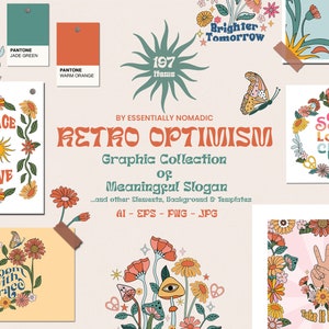 Imágenes prediseñadas de paquete gráfico retro de los años 70, eslóganes positivos para estampado de camisetas Fondo hippie, carteles, conjunto de diseño de camisa png de sublimación groovy